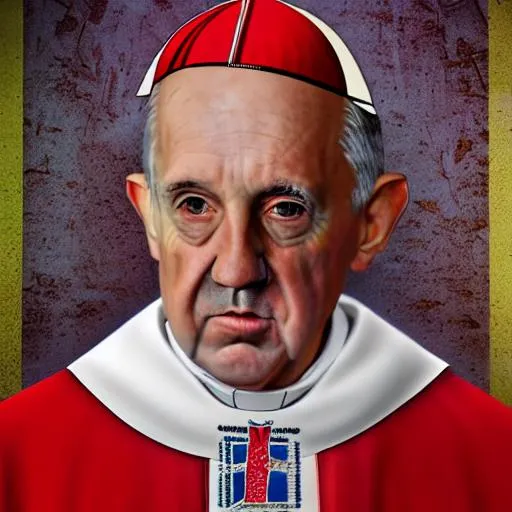 Prompt: hyper realistic hyper real vatican pope with hitler mustash and 666 drawn on forehead in red oil holding a serpent spear in front of american flag