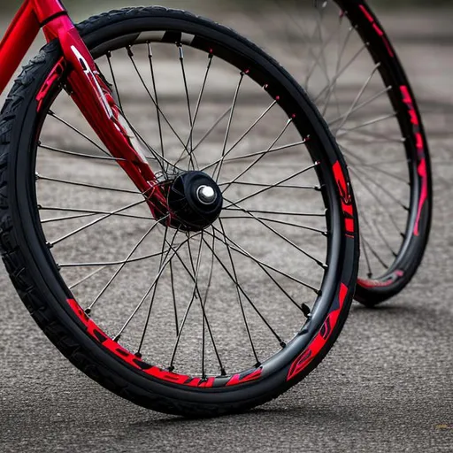 Prompt: Full view of 22 inch sports alloy rim from afar, 3-spoke, knife-sharp spokes, fixed with red screws, black background, hyper-detail, 8K, photorealistic mechanical elements, no rubber, no body, no car, no zoom