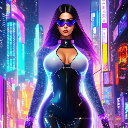 Prompt: ((high-quality)) ((high-detail)) ((highly-detailed)). cyberpunk, an augmented female {bbw}, sorceress. wearing a transparent dress with visible skin and sunglasses, a hologram, 
leather body suit {Purple}, pixel sort, triadic colors, checkered pattern. posing for a picture. rpg art. 2d. 2d art.