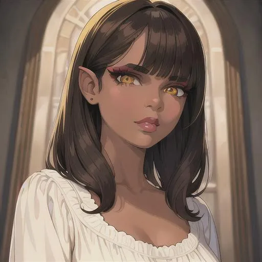 Prompt: (masterpiece, illustration, best quality:1.2), wearing a white silky nightgown, brown skin, mad face, detailed eyes, medieval style, short straight hairstyle, black hair, devilish like yellow eyes, black eyelashes, best quality face, best quality, best quality skin, best quality eyes, best quality lips, ultra-detailed eyes, ultra-detailed hair, ultra-detailed, illustration, colorful, soft glow, 1 girl