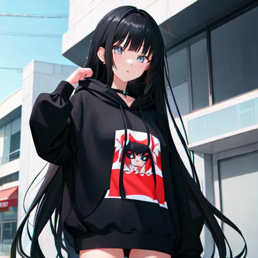 Black long hair anime high school cool girl with bla