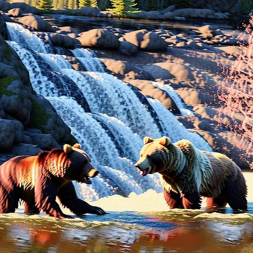 Prompt: photograph of a grizzly bear catching salmon in a river with mountains behind a a sunset