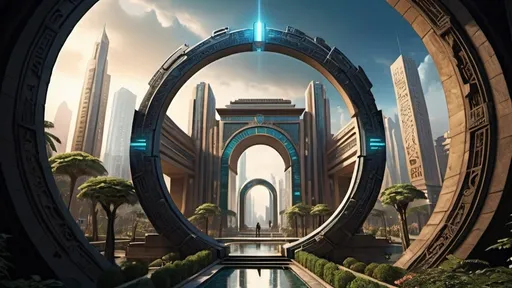 Prompt: magical portal between cities realms worlds kingdoms, circular portal, ring standing on edge, upright ring, freestanding ring, hieroglyphs on ring, complete ring, ancient babylonian architecture, gardens, hotels, office buildings, shopping malls, large wide-open city plaza, turned sideways view, futuristic cyberpunk tech-noir setting