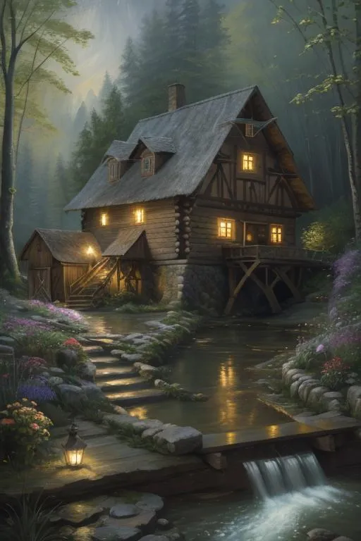 Prompt: fairytale cobblestone cabin with a large wooden watermill flowing water into a lake, stone steps, flowers, house plants, sunlight particles, heavy brushstrokes, textured paint, impasto paint, intricate, cinematic lighting, oil painting, dramatic, 8k, painting by Vittorio Matteo Corcos and Albert Lynch and Tom Roberts, fantastic view, ultra-detailed by Jean-Baptiste Monge, John William Waterhouse, Pre-Raphaelite, Maxfield Parrish, Maxfield Parrish, Tamara de Lempicka, William-Adolphe Bouguereau, Daniel Merriam, naoto hattori, Catrin Welz Stein, dark aesthetic, Expressionistic, Dynamic colour palate