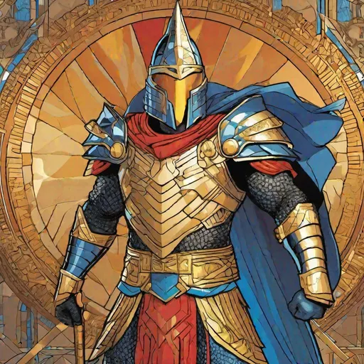 Prompt: Whole body, full figure. A young adult superhero wearing a sumerian armor and a sumerian helm covering his head. Marvel art, dc, comic book cover, dc comic, comic panels, a comic book panel, cartoon lighting, smooth colors, polygonal

