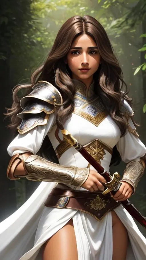 Prompt: (masterpiece, illustration, best quality:1.2), Naomi Scott holding a magic sword, solo, tan skin, toned body, stray hairs, calm demeanor, vibrant brown eyes, vibrant brown hair, bright brown hair, brown hair, long side fringe, beautiful white hair tips, wearing beautifully detailed white dragoon armor, finely detailed,  detailed face, toned face, beautiful detailed eyes, beautifully detailed very generous attractive body, beautiful detailed legs, detailed jewelry, attractive look, attractive pose, beautiful detailed shading, beautifully detailed tribal village background, fantasy background, sharp focus, absurdres, highres, cinematic lighting, street photography, macro detailed shading, smooth soft detailed skin, {{hyper detailed}}, photo realistic, {{{masterpiece}}}, glowing light, detailed background, hair between eyes, dynamic angle, library, 4K, HDR, perfect eyes