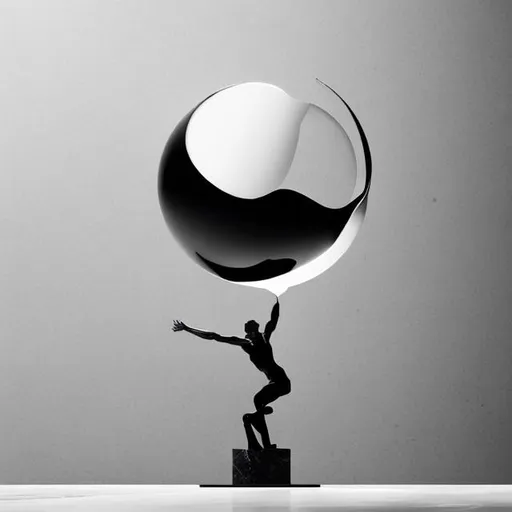 Prompt: "Effortless Strength": Craft a minimalist, abstract rendering of a man holding up the globe, emphasizing the concept of effortless strength and grace. Utilize polished metals to form the figure, keeping the design sleek and streamlined. Incorporate veined marble as a visual contrast, adding depth and texture to the composition. Aim for a clean and flowing aesthetic, capturing the essence of the man's gentle yet powerful support of the globe.

