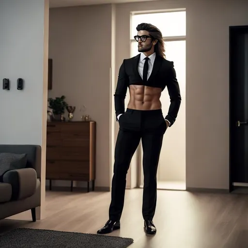 Prompt: an attractive long-haired 20-years old man with a six pack abs and glasses wearing a crop top black suit and tie with black suit pants and a bare navel, he has his hands on his hips and is standing by an open door, shining light, flowing hair, zoomed out camera, showing full body of man to his shoe, 4k, hdr, photo