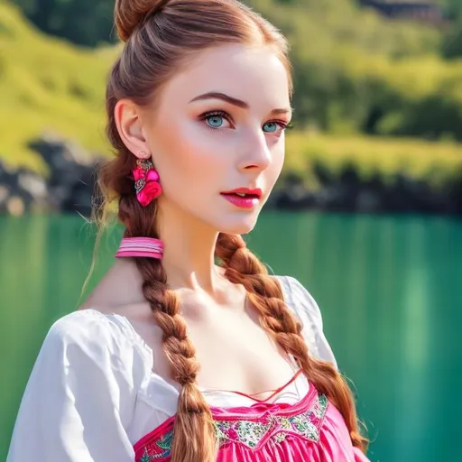 Prompt: professional modeling photo live action human woman hd hyper realistic beautiful norwegian  woman auburn pigtails fair skin green eyes beautiful face traditional Norwegian pink and teal dress with jewelry enchanting norwegian castle in summer hd background with live action lake 