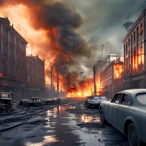 Prompt: Late tall 1900s buildings on fire millitary tanks war 1940s metal wrecked cars broken cracked road high resolution 4k daytime nice weather light blue sky 