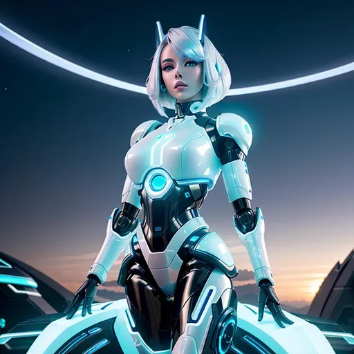 Prompt: Create a high-quality professional image of a futuristic android woman, her hair are a metallic piece short vivid platinum. Her skin is made of metal and plastic. She's riding a futuristic robotic android horse. She's on a futuristic landscape showing an utopic city. A giant white neon circle behind her.

heavenly beauty, 8k, 50mm, f/1. 4, high detail, sharp focus, perfect anatomy, highly detailed, detailed and high quality background, oil painting, digital painting, Trending on artstation, UHD, 128K, quality, Big Eyes, artgerm, highest quality stylized character concept masterpiece, award winning digital 3d, hyper-realistic, intricate, 128K, UHD, HDR, image of a gorgeous, beautiful, dirty, highly detailed face, hyper-realistic facial features, cinematic 3D volumetric, illustration by Marc Simonetti, Carne Griffiths, Conrad Roset, 3D anime girl, Full HD render + immense detail + dramatic lighting + well lit + fine | ultra - detailed realism, full body art, lighting, high - quality, engraved, ((photorealistic)), ((hyperrealistic))