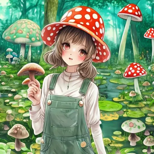 Prompt: a cute anime girl with frog overalls and a mushroom hat. Forest with pond background