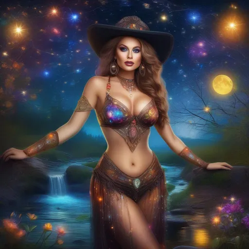Prompt: Wide angle.  Whole body showing. Photo real. Detailed Illustration. With a very realistic, Very beautiful, buxom woman with broad hips and incredible bright eyes, standing next to a stream on a breathtaking, colorful starry night. Wearing a colorful, translucent, sparkling, intricate, dangling, skimpy, gossamer, sheer, flowing, steam punk, Witch style, fairy outfit with distinct wings. With winged fae flying about.