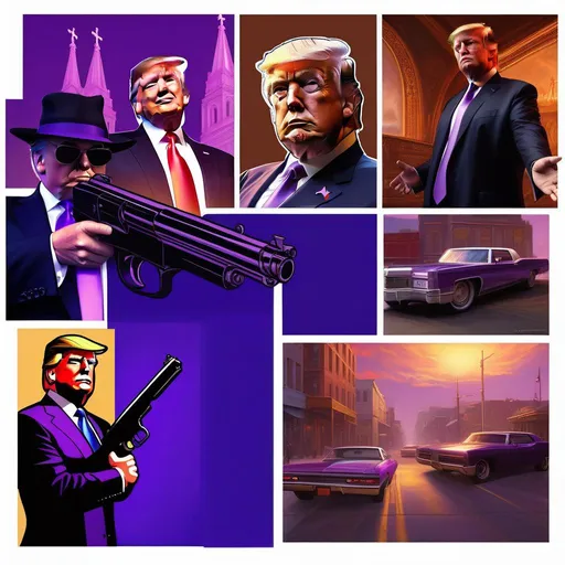 Prompt: Trump in Saints Row, guns, cartoony, purple atmosphere, extremely detailed painting by Greg Rutkowski and by Henry Justice Ford and by Steve Henderson