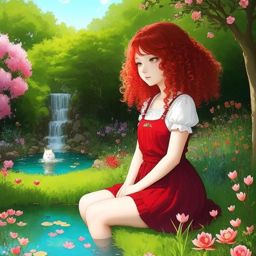 Prompt:  A very cute girl, curly gradient red hair,  sitting in a garden next to a pond with her feet inside it's crystal clear waters. Her cute fluffly cat is right by her side resting its head on her shoulder. Spring time.  Art the style by Duy Huyn, Esao Andrews, Catrin Welz-Stein, Susan Rios and laura Diehl. Highly detailed, Best quality, intricate details, iridescent water Reflex. 