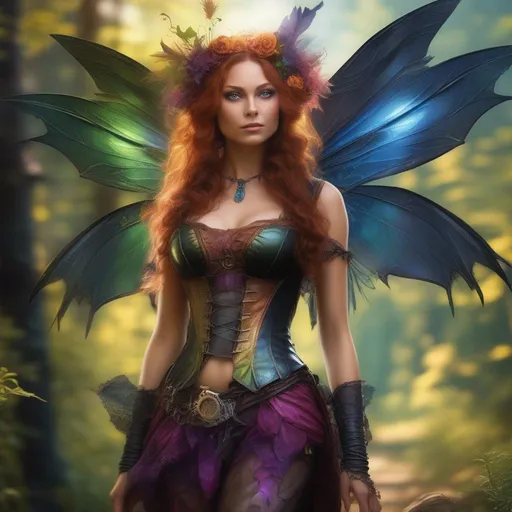 Prompt: Epic. Cinematic. Shes a (colorful), Steam Punk, gothic, witch. spectacular, Winged fairy, with a skimpy, (colorful), gossamer, flowing outfit, standing in a forest by a village. ((Wide angle)). Detailed Illustration. 8k.  Full body in shot. Hyper real painting. Photo real. An (extremely beautiful), shapely, woman with, ((Anatomically real hands)), and (vivid), colorful, (bright eyes). A (pristine) Halloween night. (Concept style art). Rays of light. Lens flairs.