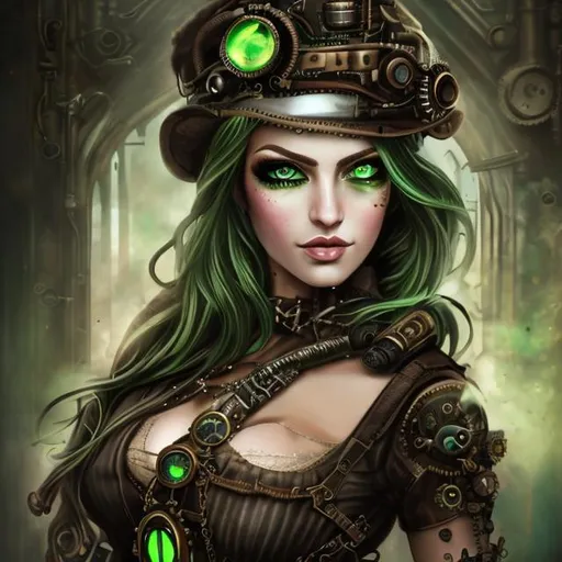Prompt: portrait of beatyful steampunk woman with green eyes