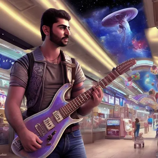 Prompt: Assyrian Genii playing a double-necked Guitar for spare change in a busy alien mall, widescreen, infinity vanishing point, galaxy background, surprise easter egg