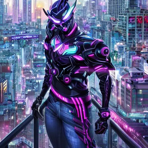 Prompt: A cyber punk style city hyper realistic photorealistic  anime man with a cyber punk helmet shirtless with jeans looking out a balcony side view