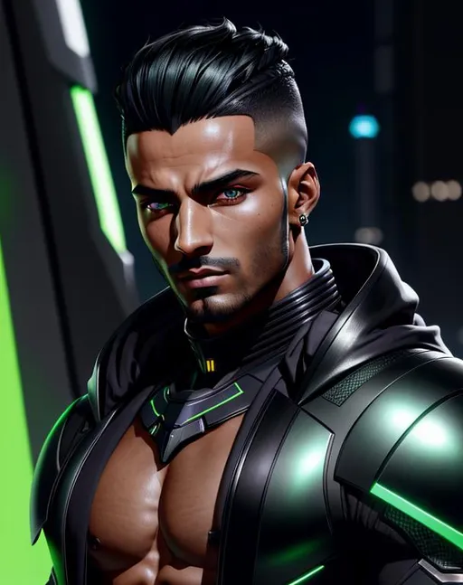 Prompt: perfect composition, {25 year old}, lean dark skinned {arab man}, wearing futuristic {black future tech flowing robes}, {buzz cut spiked hairstyle}, {green eyes}, extra masculine, peak fitness, determined expression, looking at viewer, 8k eyes, detailed face, wlop, stanley artgerm lau, artstation, hd, octane render, hyperrealism intricate details, 8k, cinematic volumetric light, proportional, art trending on artstation, sharp focus, studio photo, intricate details, highly detailed, intricate artwork masterpiece, ominous, intricate, epic, trending on artstation, highly detailed, vibrant, production cinematic character render, ultra high quality model, 