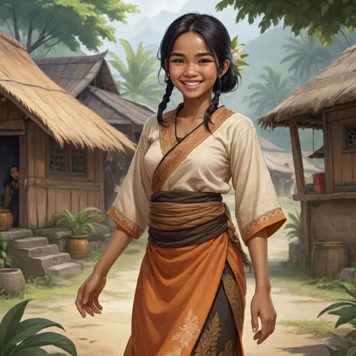 Prompt: Full body, Fantasy illustration of a female indonesian village girl, 17 years old, tawny  orange-brownish skin color, joyful expression, traditional garment, black hair, high quality, rpg-fantasy, detailed, indonesian village background