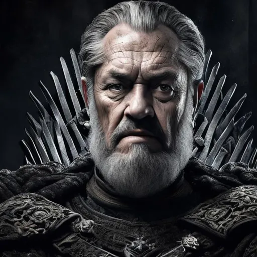 Prompt: Portrait of an old king with grey and black hair and with an aged face, dark backdrop with his throne, perfect composition, hyperrealistic, super detailed, 8k, art, high quality, sharp focus, studio photo, intricate details, highly detailed.