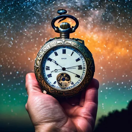 Prompt: High quality image of a hand with an open pocket watch on it, no digits, against a background of a starry sky, soft light