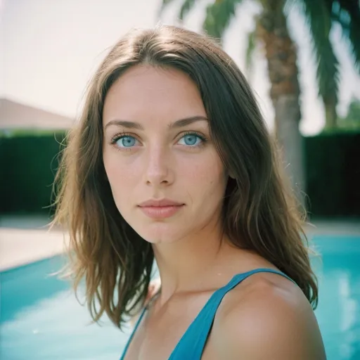 Prompt: portait of light brunette woman  with  cristal clear blue eyes at the pool on kodak 400  

