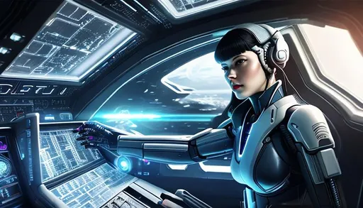 Prompt: a cyborg in a spaceship cockpit , ghost in the shell, high details, realistic, professionally colour graded, photorealism, 8k, pixiv, tumblr, instagram, deviantart, art by sakimi chan