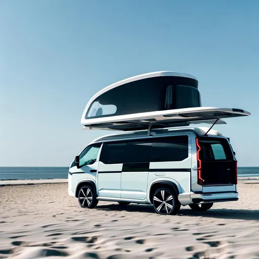 Prompt: futuristic, modern Volvo camper van, modern, clean design, electric, on the beach
