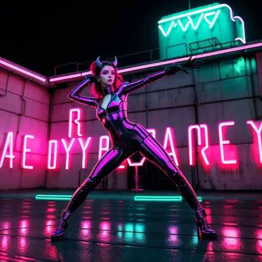 Prompt: a beautiful female demon in a dynamic pose in a retro futuristic synthwave cyberpunk neon paradise.  neon lighting, high quality, beautiful, synthwave, cyber, retro, futuristic