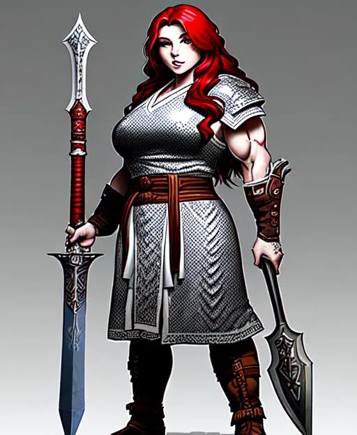 Prompt: Splash art of a very short female dwarven holy warrior with long red hair, with a plain face, with a muscular body, with very broad shoulders, wearing silver chainmail armor, wearing white linen robes, wearing a leather belt, wearing large leather boots, in an underground dwarven temple, holding a very long simple wooden polearm, the polearm has a large steel axe blade, the polearm is taller than the dwarf