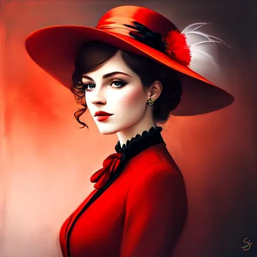 Prompt: fashionable 1st class  female passenger on the Titanic, pale skin, dark styled hair, large lips,  looking sad, facial closeup, vibrant colors, red dress and elaborate hat with feathers

