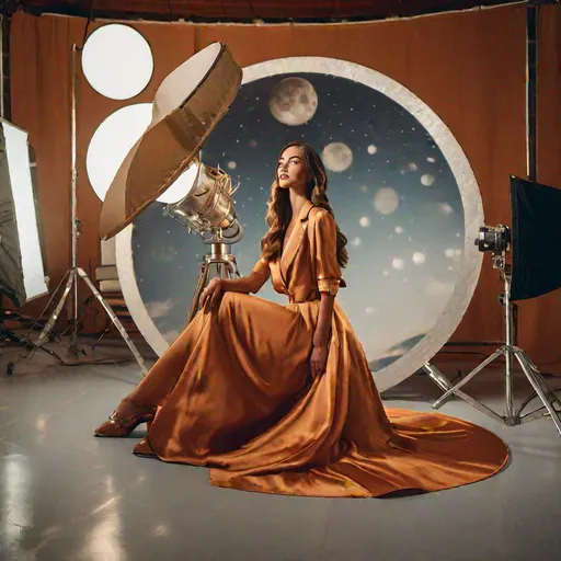 Prompt: a realistic, highly detailed photograph of a professional cover shoot, large fake moon landing set, cinematic, a beautiful female model. dramatic lighting, dutch angle, rich mid century modern color palette.