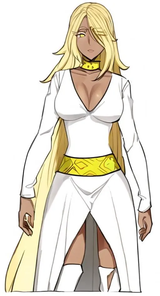 Prompt: a beautiful 28 year old woman with light brown skin. She has long curly yellow hair and yellow eyebrows. She wears a white dress. She has yellow eyes with white pupils.