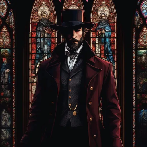 Prompt: high detailed of a man, short hair, short beard, fantasy revolver, with coat and tophat, with religious iconography, style of Bloodborne, dark colours, surrounded by shadows in face, in a church, stain glass windows, Digital painting of a Large bestial man with a coat with religious iconography, style of Bloodborne, dark colours, surrounded by shadows in a church, stain glass windows ((style of Ravenloft, Ilya Kuvshinov)), darkness, dread, Romania, Hungry, gypsy, roma, fantasy, D&D, Ravenloft, ((style of Ravenloft, Ilya Kuvshinov)), full body, highly detailed, digital painting, artstation, hyperrealistic, sharp focus, illustration, art by artgerm and greg rutkowski and alphonse mucha, 8k, pretty eyes, award-winning cgi, blender, headshot