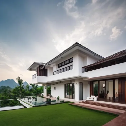 Prompt: modern-looking, 1 floor, regular white family house in the Thai countryside with mountains and clouds in the background