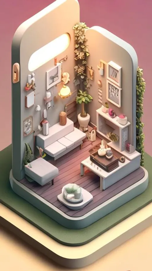 Prompt: iPhone wallpaper. Tiny cute isometric living room in a cutaway box, Scandinavian design, soft smooth lighting, neutral colors, 100mm lens, 3d blender high quality render