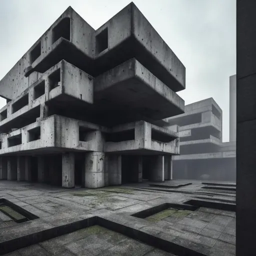 Prompt: a large brutalist architecture, crowded buildings, creepy, unsettling, macabre, wide angle, empty, reclaimed by nature, concept of physics do not apply, 