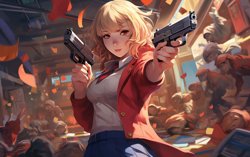 Prompt: an anime girl holding a gun while the other characters look around, in the style of chilling creatures, vibrant academia, light red and light navy, piles/stacks, uniformly staged images, clay mann, close up