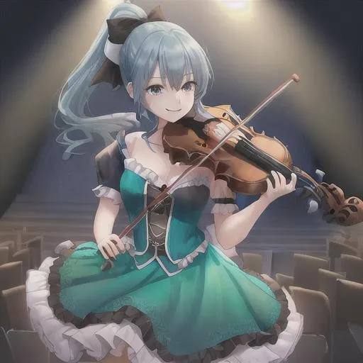 Prompt:  A blue hair girl with green playing the violin on a stage 4k high quality wearing a fancy dress and black heels  smiling soft eyes no mistakes hair in ponytail with black bow in hair