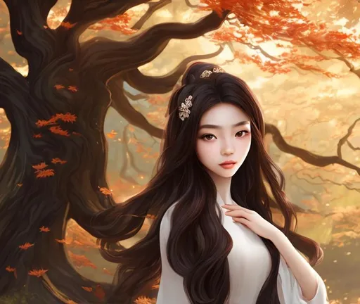 Prompt: A young beautiful Chinese woman with long dark chocolate-colored hair, wearing an elegant dress, standing underneath a mythical maple tree. Semi-realistic art style.