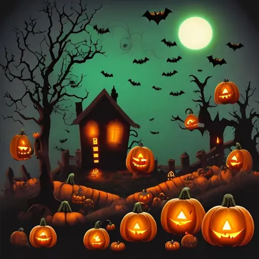 Prompt: Spooky Halloween scene with pumpkins