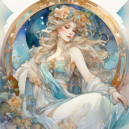 Prompt: Somnus, Tarot, alphonse mucha, rococo, trending on artstation, watercolor, fantasy artivan shishkin, akihito yoshida