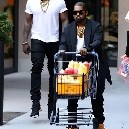 Prompt: kanye west shops at the supermarket with his cart full of groceries