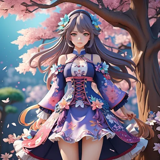 Prompt: Anime-style game model girl in new tree and flowers collaboration outfit, detailed clothing design, vibrant color palette, intricate floral patterns, high quality, anime, detailed outfit, vibrant colors, fantasy, floral theme, intricate design, professional, game model, atmospheric lighting