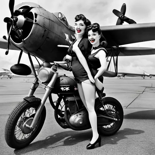 Prompt: pin-up with motocycle and one plane of WW2 in the airport 