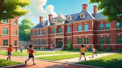 Prompt: Exterior illustration of a charming primary school, vibrant and welcoming, classic brick architecture, children playing in the yard, colorful playground equipment, lush green trees, warm sunlight, high quality, detailed, traditional, cheerful atmosphere, vintage vibes, classic architecture, playful children, nostalgic, sunny weather, vibrant colors, inviting environment, classic brick, lush greenery, schoolyard in front with fence, kids play sports like soccer and hockey