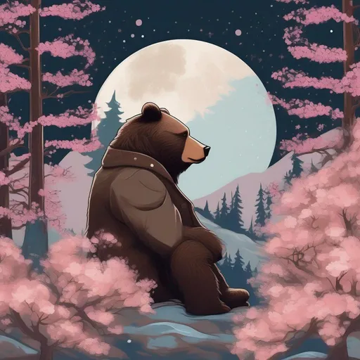 Prompt: A profile beautiful and colourful picture of a handsome man with brunette hair and a mustach, is surrounded by Sitka Spruce trees, cherry blossom flowers, a brown bear, framed by the moon and constilations, in a painted style