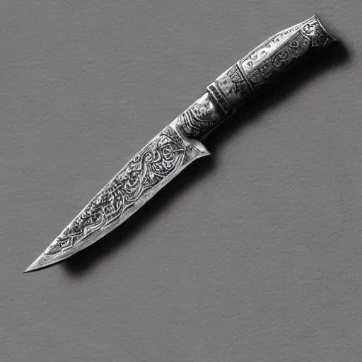 Prompt: Close-up, monochrome sketch, of a old knife with an ornate hilt and rusty blade